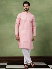 Men's Pure Cotton Striped Pink Long Kurta