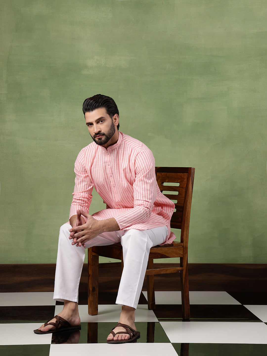 Men's Pure Cotton Striped Pink Kurta With White Pyjama