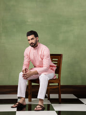 Men's Pure Cotton Striped Pink Kurta With White Pyjama