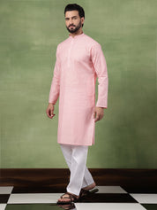 Men's Pure Cotton Striped Pink Kurta With White Pyjama