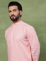 Men's Pure Cotton Striped Pink Kurta With White Pyjama