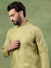 Men's Pure Cotton Striped Green Long Kurta