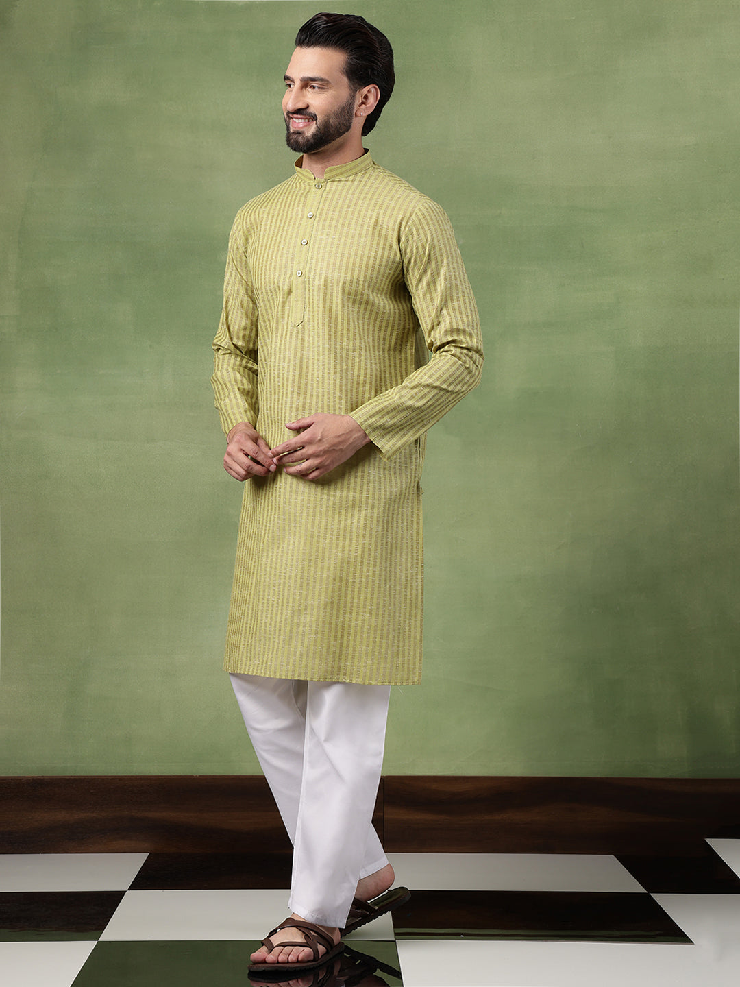 Men's Pure Cotton Striped Green Long Kurta