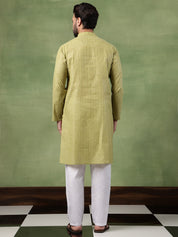 Men's Pure Cotton Striped Green Long Kurta