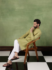Men's Pure Cotton Striped Green Long Kurta