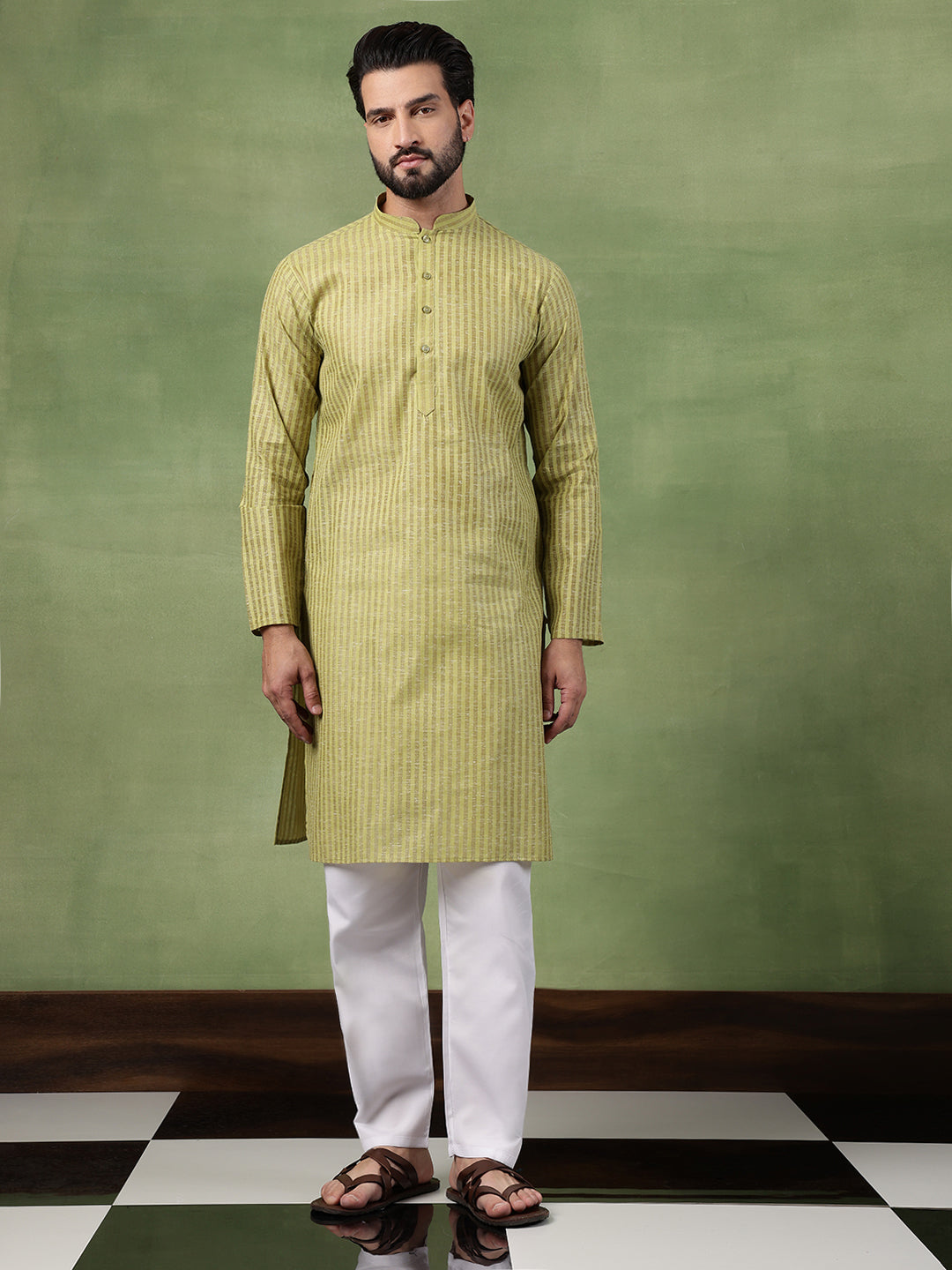 Men's Pure Cotton Striped Green Long Kurta