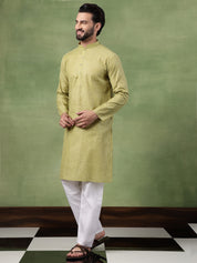 Men's Pure Cotton Striped Green Kurta With White Pyjama