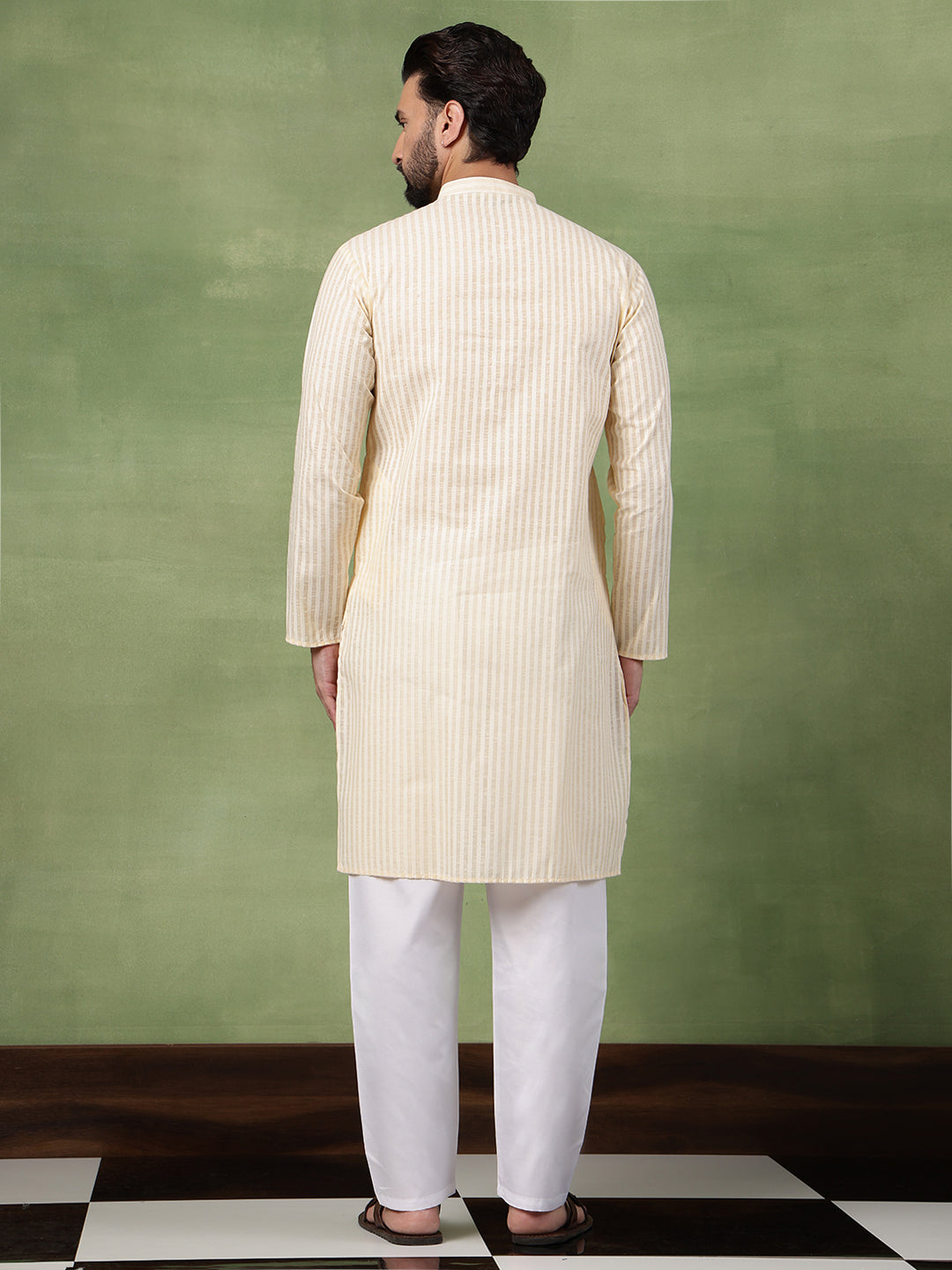 Men's Pure Cotton Striped Beige Long Kurta