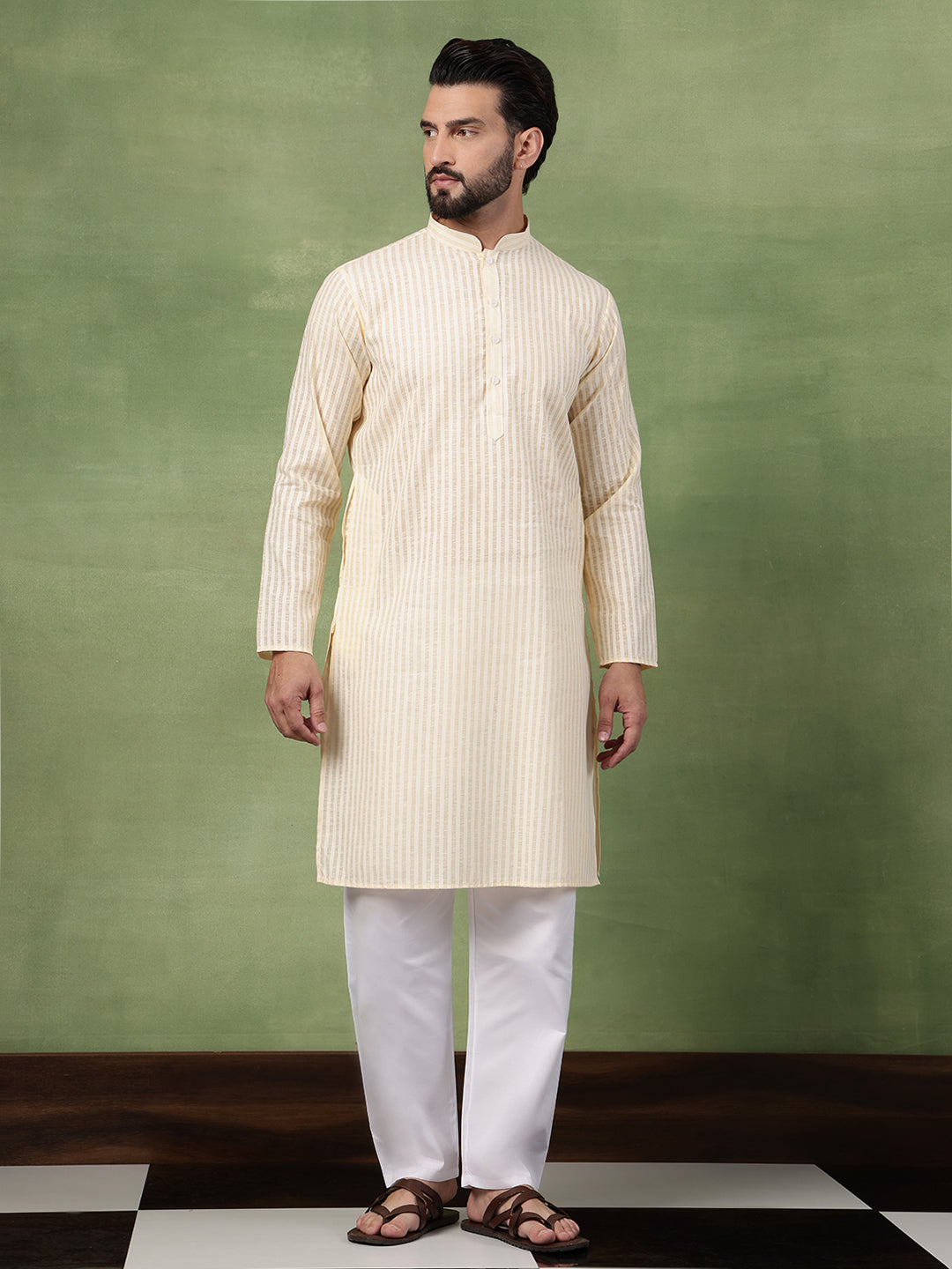 Men's Pure Cotton Striped Beige Long Kurta