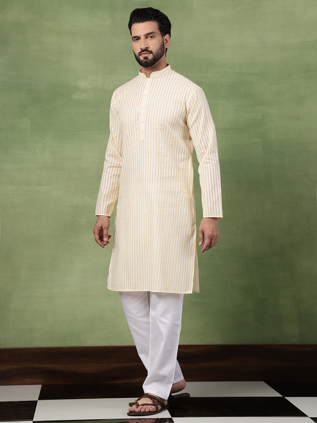 Men's Pure Cotton Striped Beige Kurta With White Pyjama