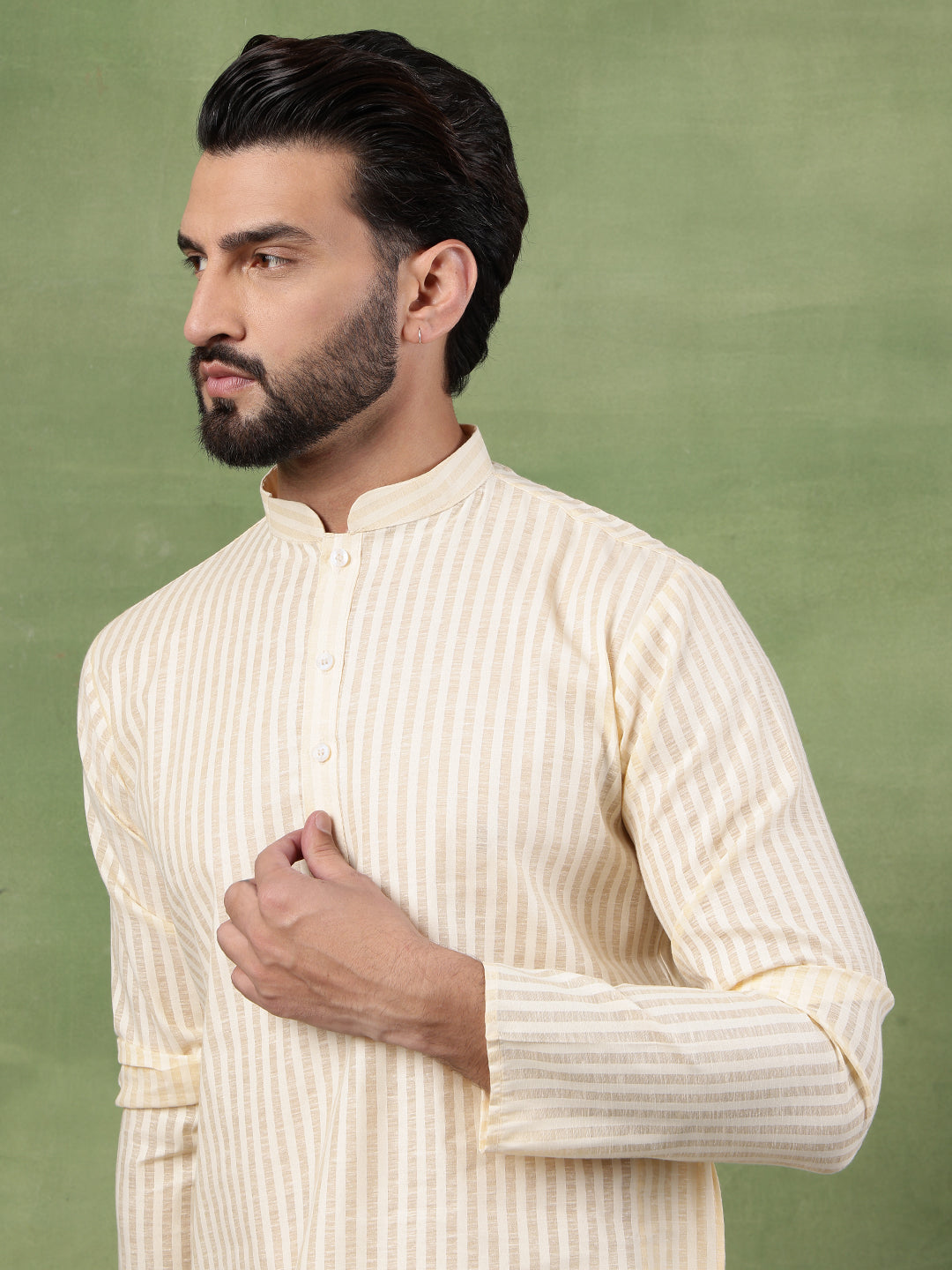 Men's Pure Cotton Striped Beige Kurta With White Pyjama