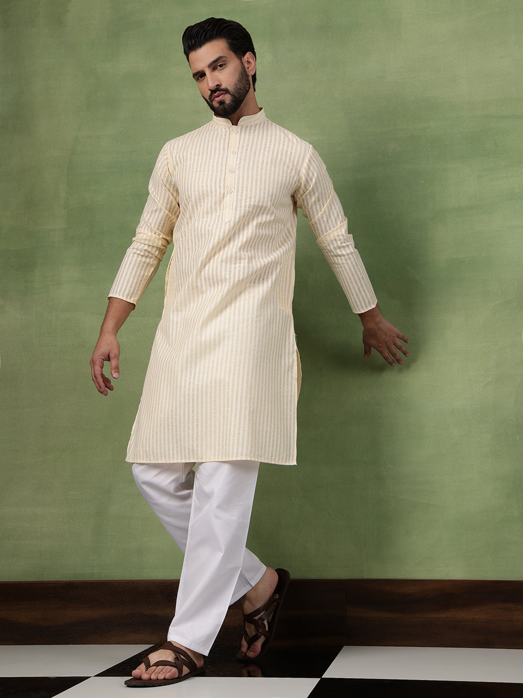 Men's Pure Cotton Striped Beige Kurta With White Pyjama