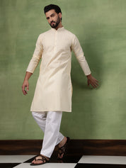 Men's Pure Cotton Striped Beige Kurta With White Pyjama