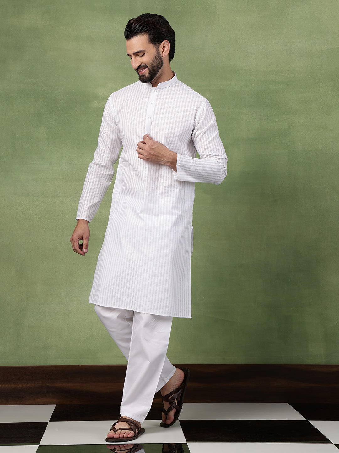 Men's Pure Cotton Striped White Long Kurta
