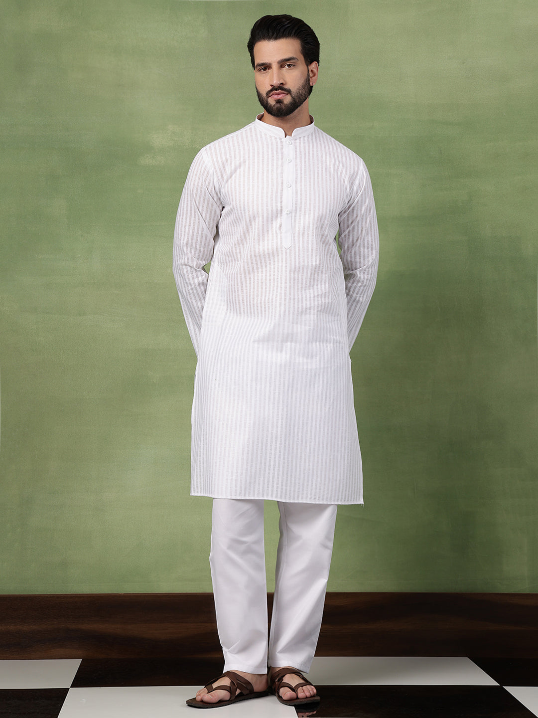 Men's Pure Cotton Striped White Long Kurta