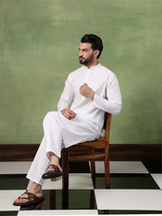 Men's Pure Cotton Striped White Kurta With White Pyjama