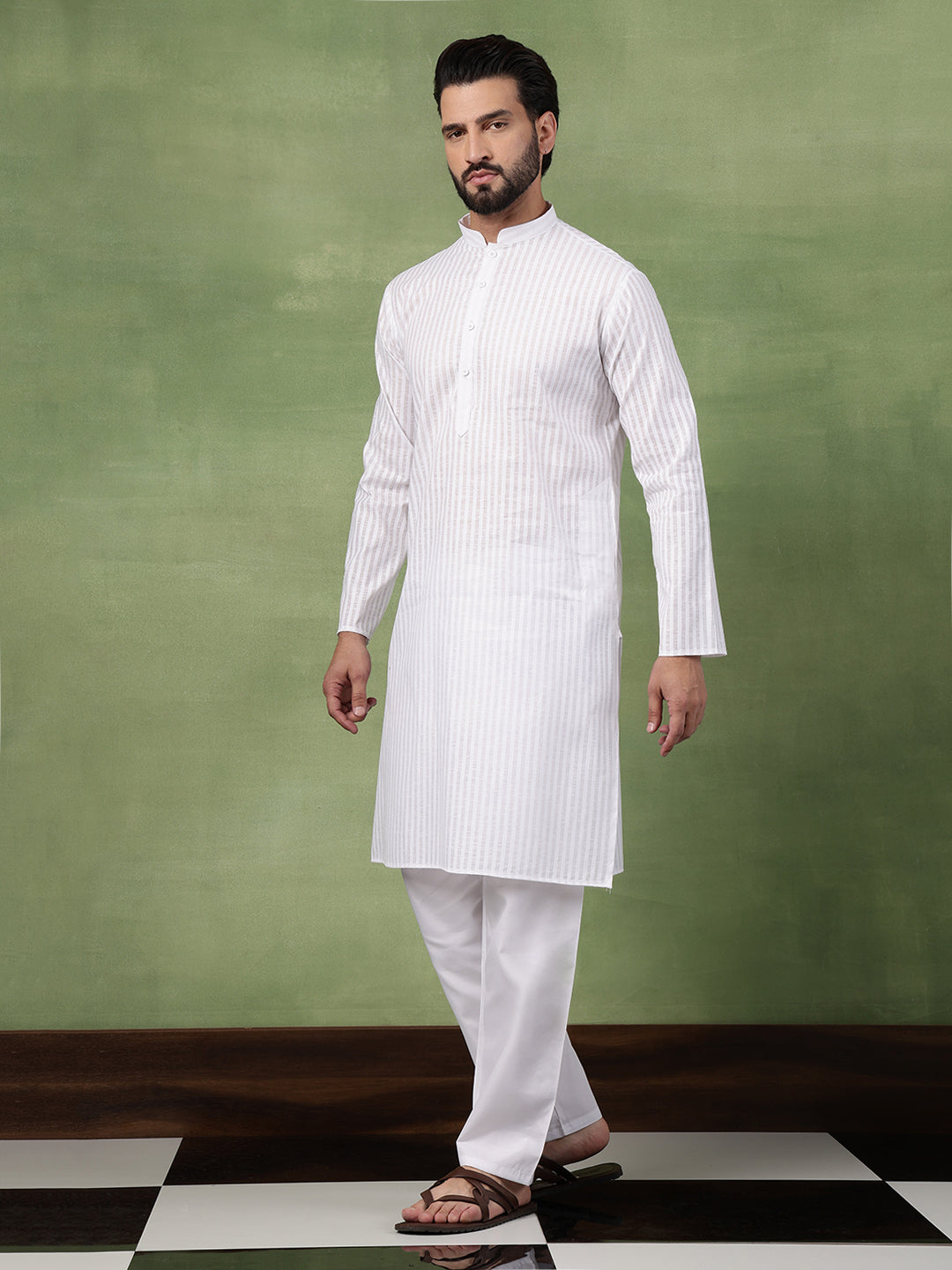Men's Pure Cotton Striped White Kurta With White Pyjama