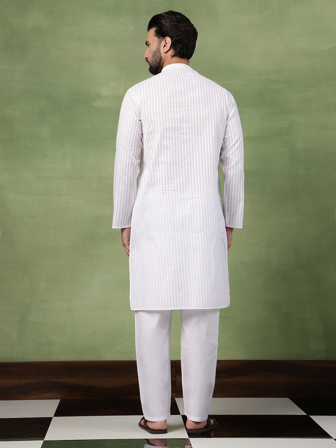 Men's Pure Cotton Striped White Kurta With White Pyjama