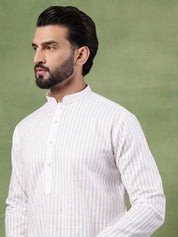 Men's Pure Cotton Striped White Kurta With White Pyjama