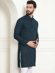 Men's Cotton Contrast Embroidered Sequinned Teal Blue Long Kurta