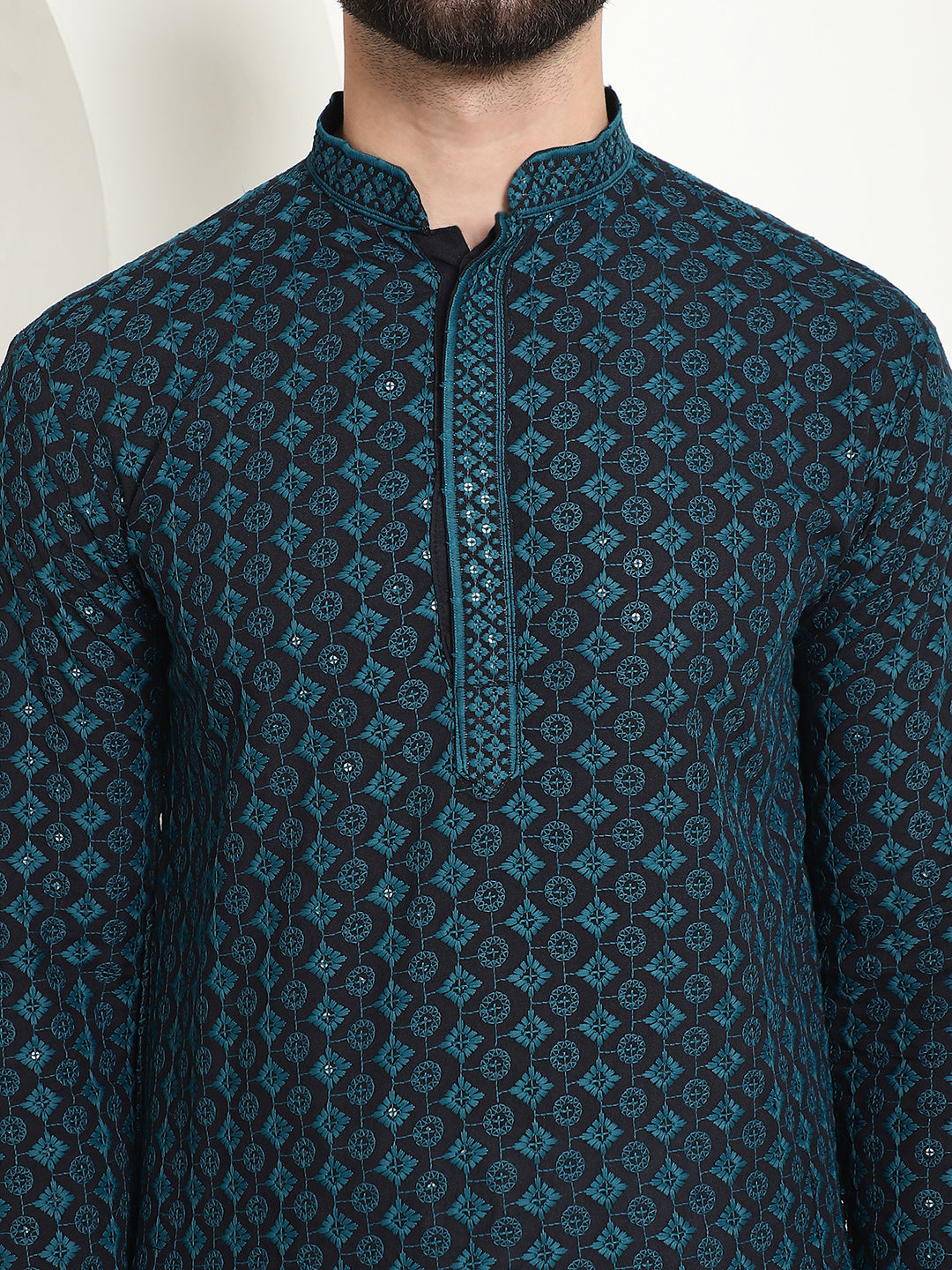 Men's Cotton Contrast Embroidered Sequinned Teal Blue Long Kurta