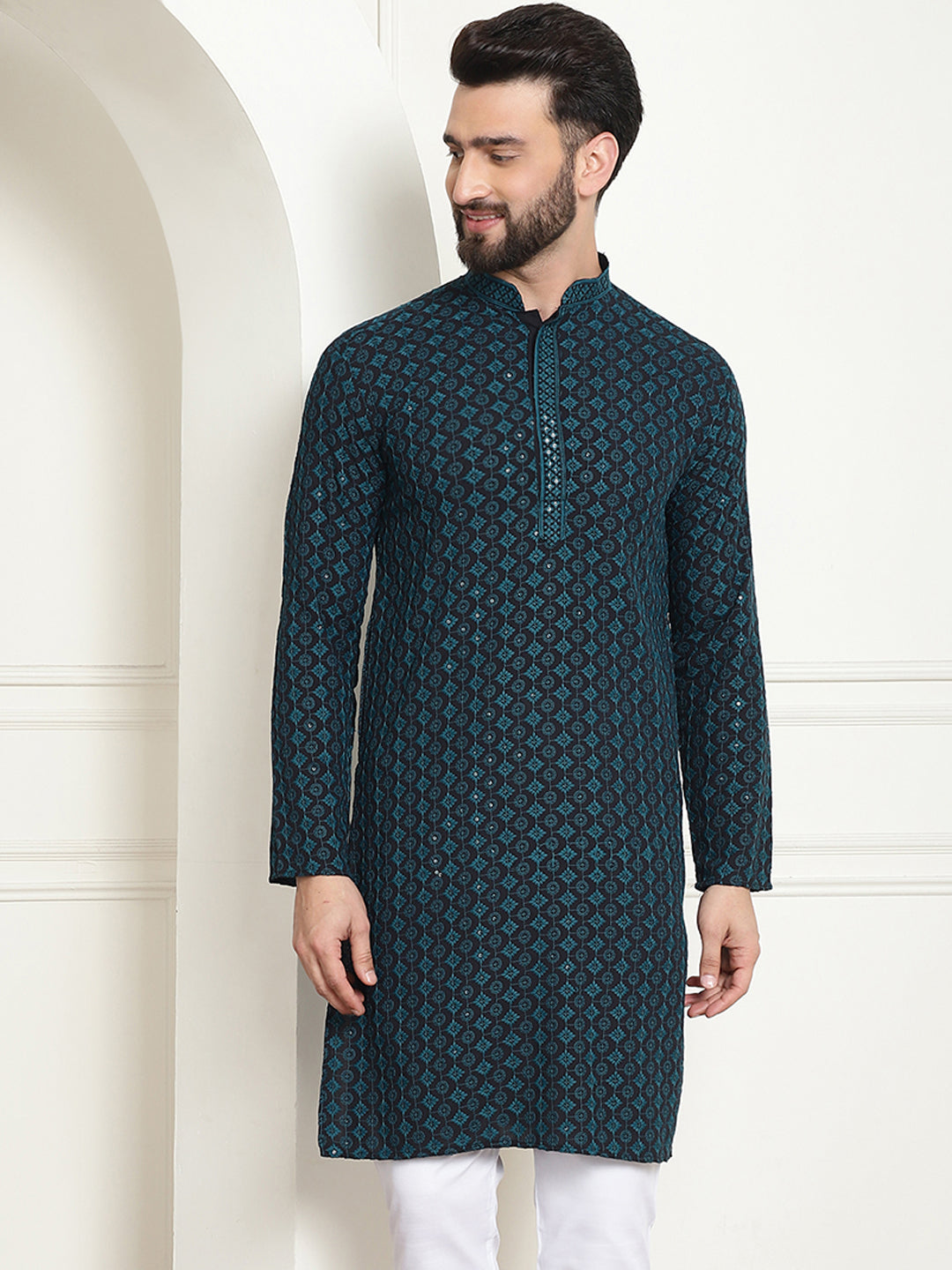 Men's Cotton Contrast Embroidered Sequinned Teal Blue Long Kurta