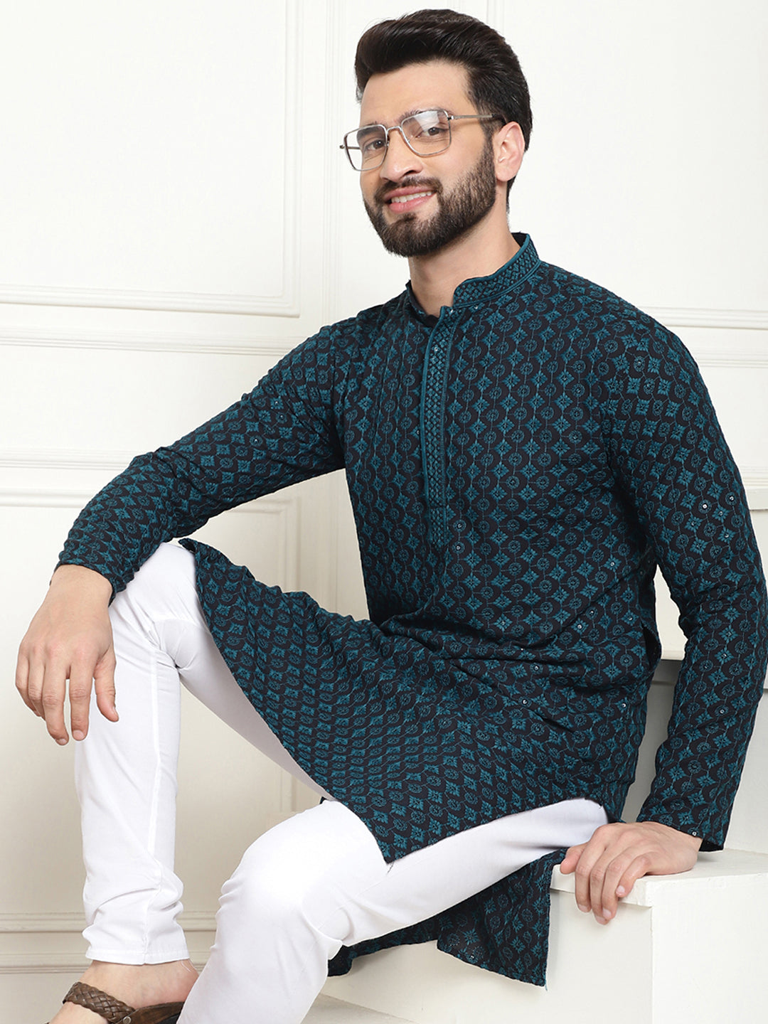 Men's Cotton Contrast Embroidered Sequinned Teal Blue Long Kurta