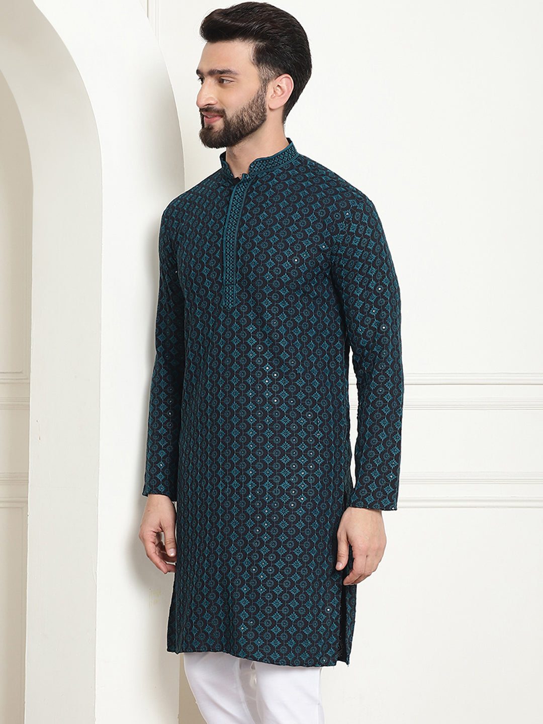 Men's Cotton Contrast Embroidered Sequinned Teal Blue Long Kurta