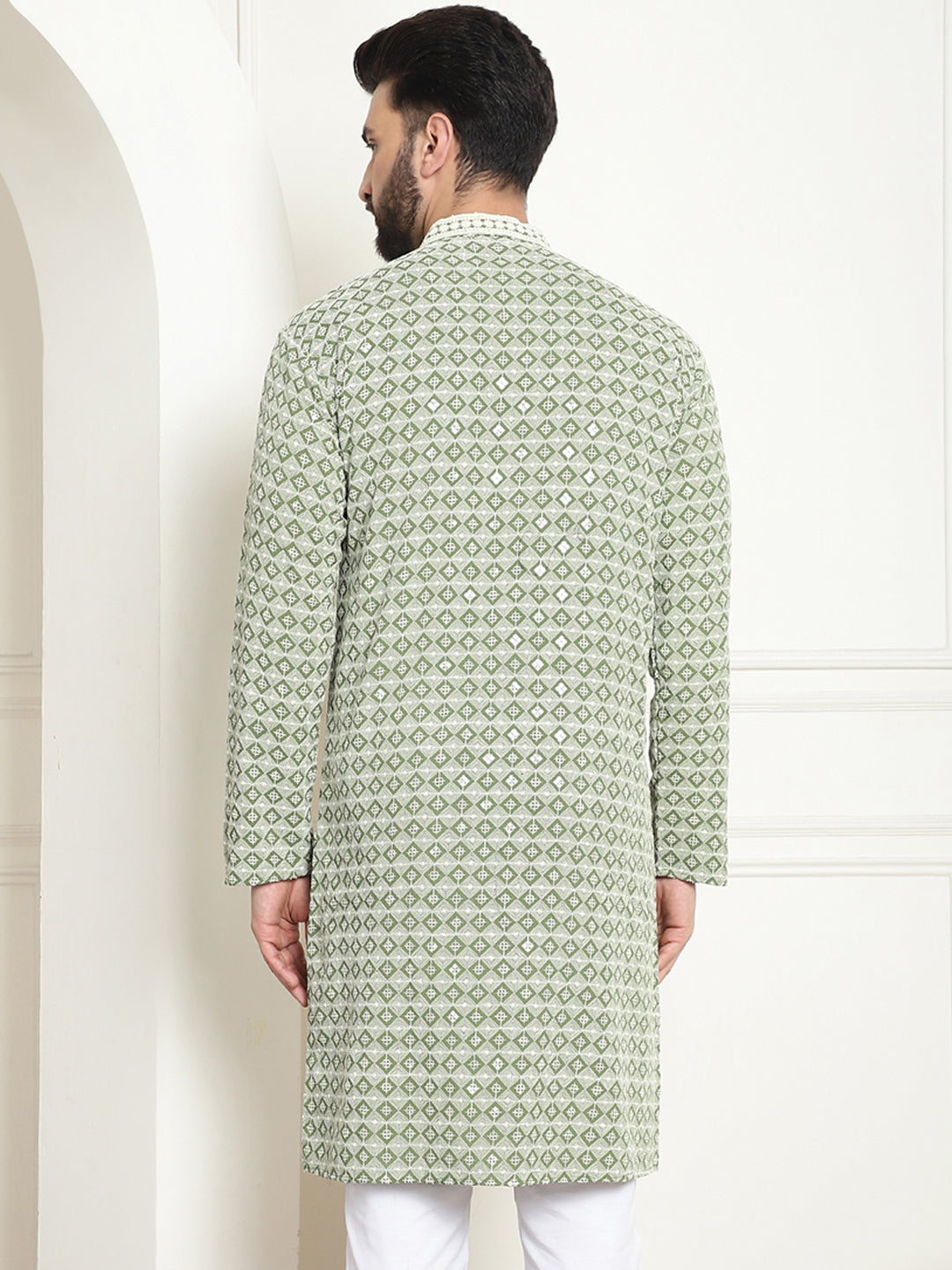Men's Cotton Contrast Embroidered Sequinned Pista Green Long Kurta
