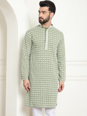 Men's Cotton Contrast Embroidered Sequinned Pista Green Long Kurta