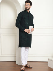 Men's Cotton Gold Embroidered Sequinned Green Kurta With white churidar Pyjama