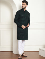 Men's Cotton Gold Embroidered Sequinned Green Kurta With white churidar Pyjama