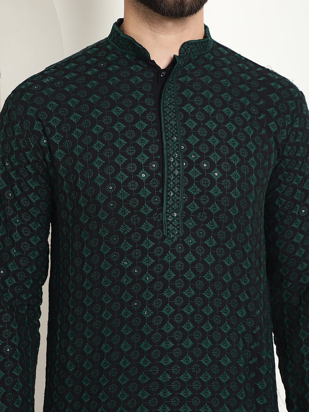 Men's Cotton Gold Embroidered Sequinned Green Kurta With white churidar Pyjama