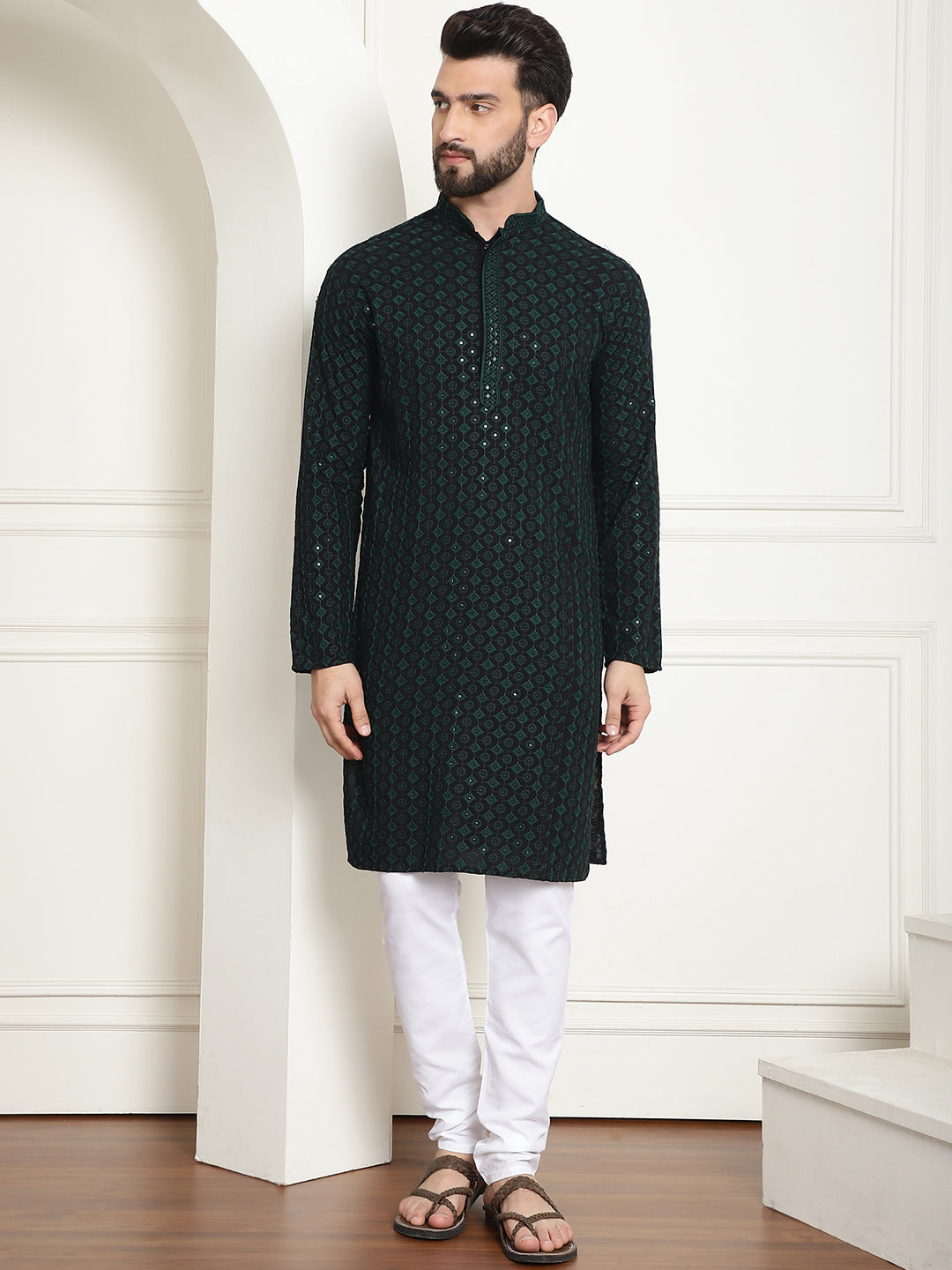 Men's Cotton Gold Embroidered Sequinned Green Kurta With white churidar Pyjama