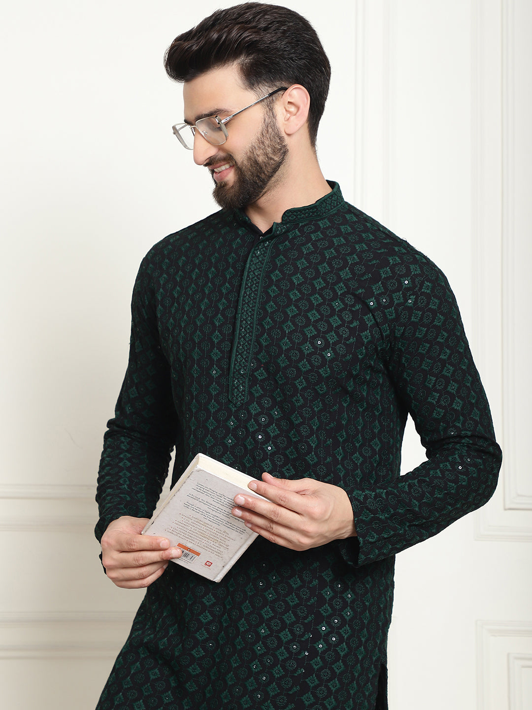 Men's Cotton Gold Embroidered Sequinned Green Kurta With white churidar Pyjama