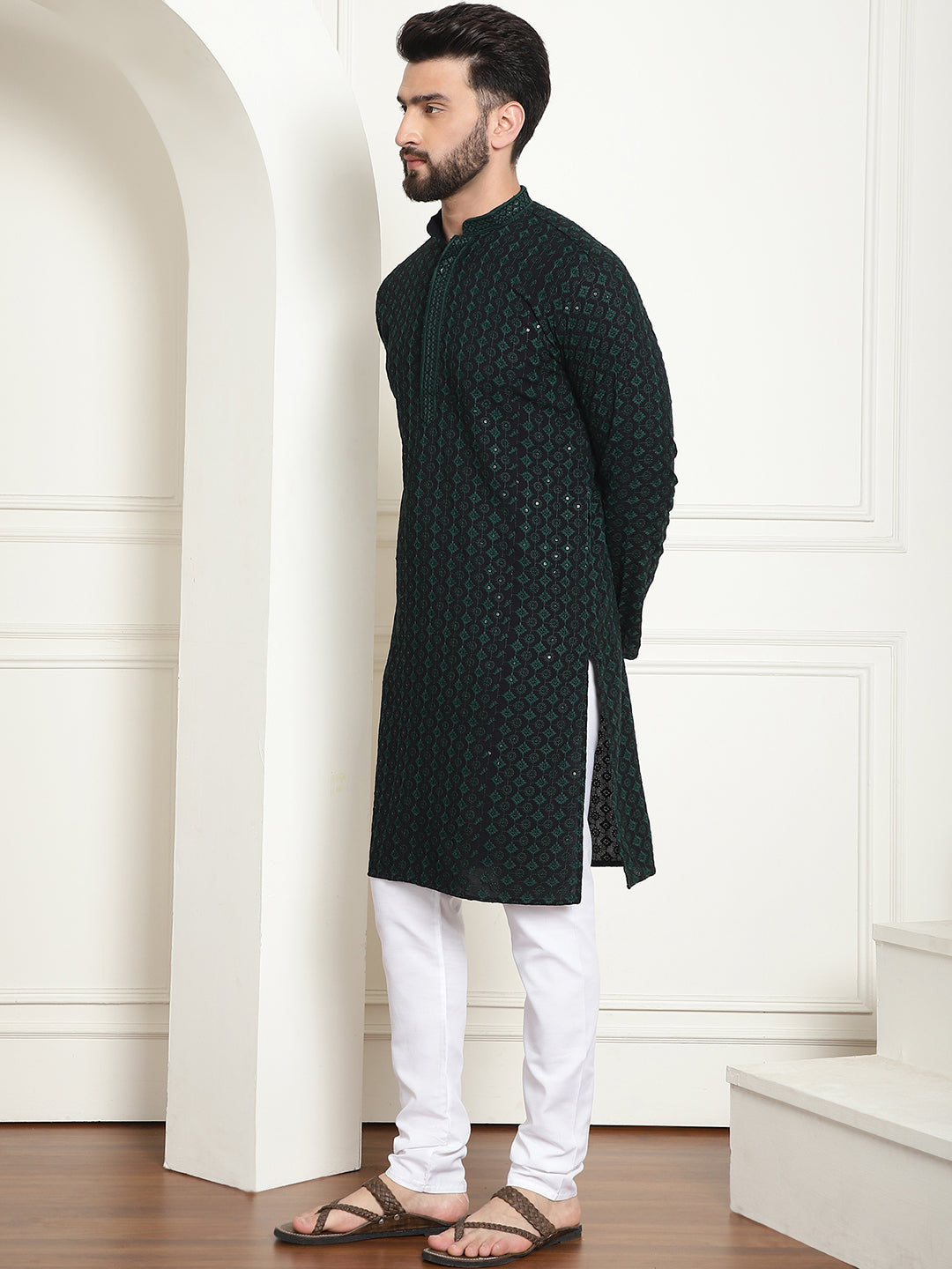 Men's Cotton Gold Embroidered Sequinned Green Kurta With white churidar Pyjama