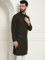 Men's Cotton Contrast Embroidered Sequinned  Mehndi Long Kurta