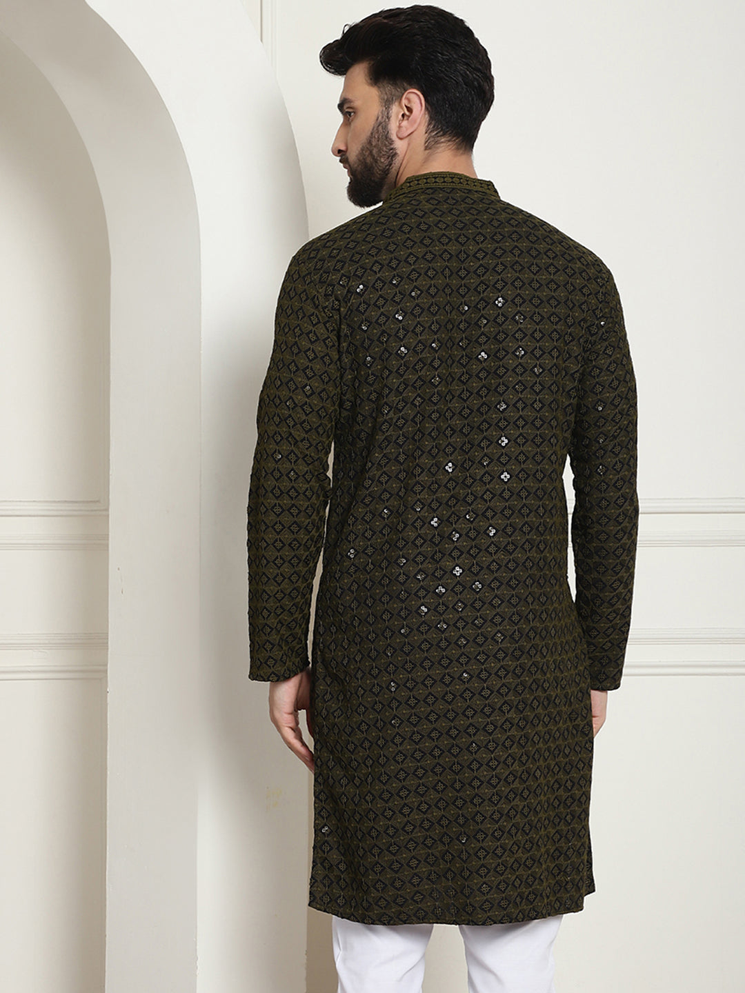 Men's Cotton Contrast Embroidered Sequinned  Mehndi Long Kurta