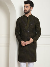 Men's Cotton Contrast Embroidered Sequinned  Mehndi Long Kurta