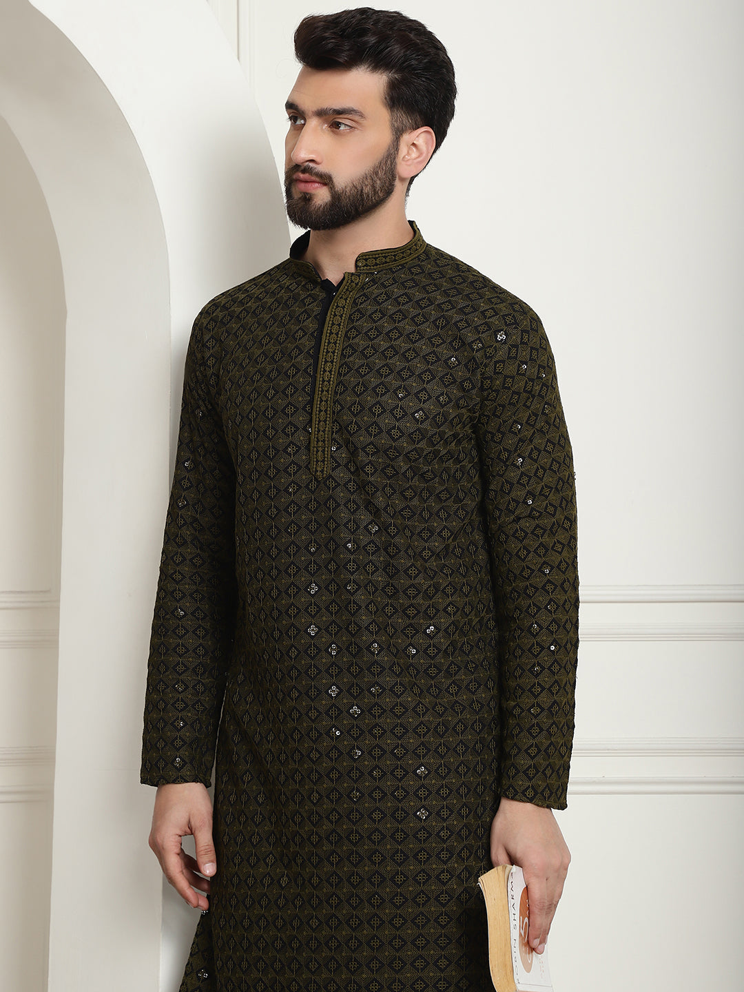 Men's Cotton Contrast Embroidered Sequinned  Mehndi Long Kurta