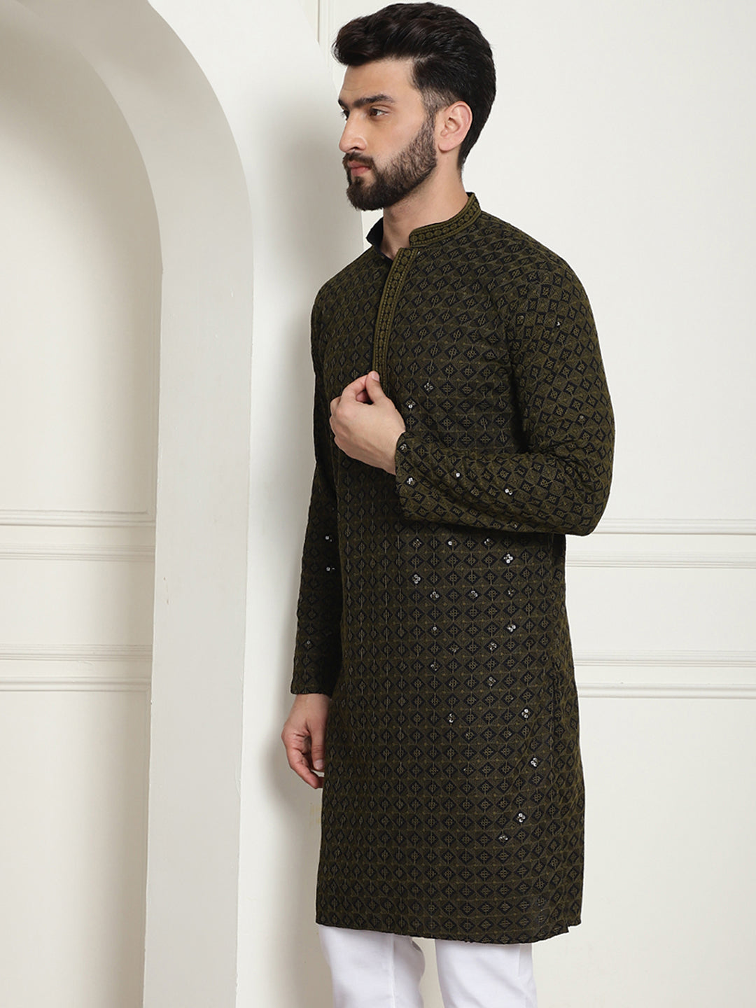 Men's Cotton Contrast Embroidered Sequinned  Mehndi Long Kurta