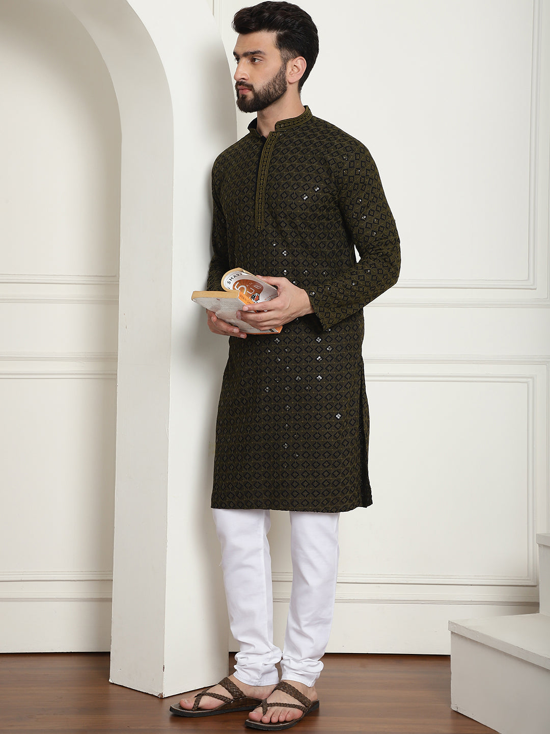 Men's Cotton Gold Embroidered Sequinned Mehndi Kurta With white churidar Pyjama