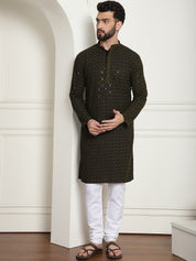 Men's Cotton Gold Embroidered Sequinned Mehndi Kurta With white churidar Pyjama