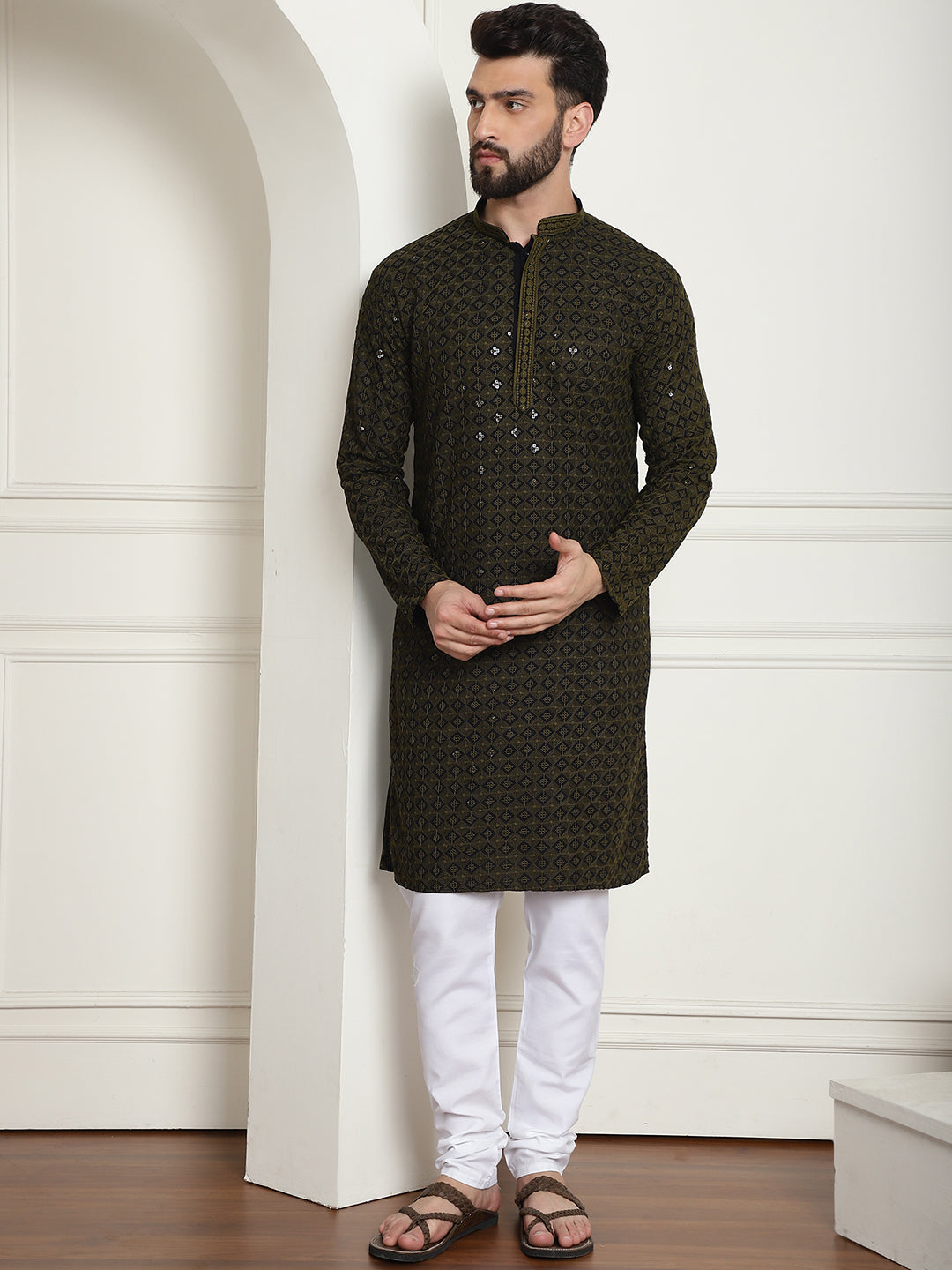 Men's Cotton Gold Embroidered Sequinned Mehndi Kurta With white churid Sojanya Men's Cotton Gold Embroidered Sequinned Mehndi Kurta With white churid Sojanya