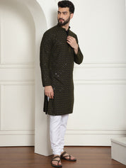 Men's Cotton Gold Embroidered Sequinned Mehndi Kurta With white churidar Pyjama