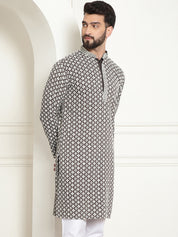 Men's Cotton Contrast Embroidered Sequinned  White Long Kurta