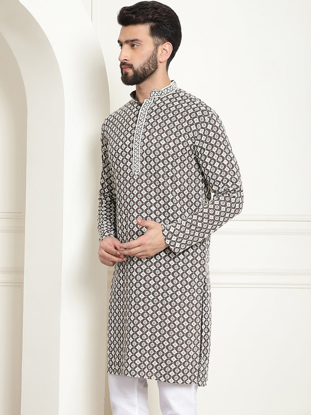 Men's Cotton Contrast Embroidered Sequinned  White Long Kurta