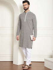 Men's Cotton Gold Embroidered Sequinned White Kurta With white churidar Pyjama