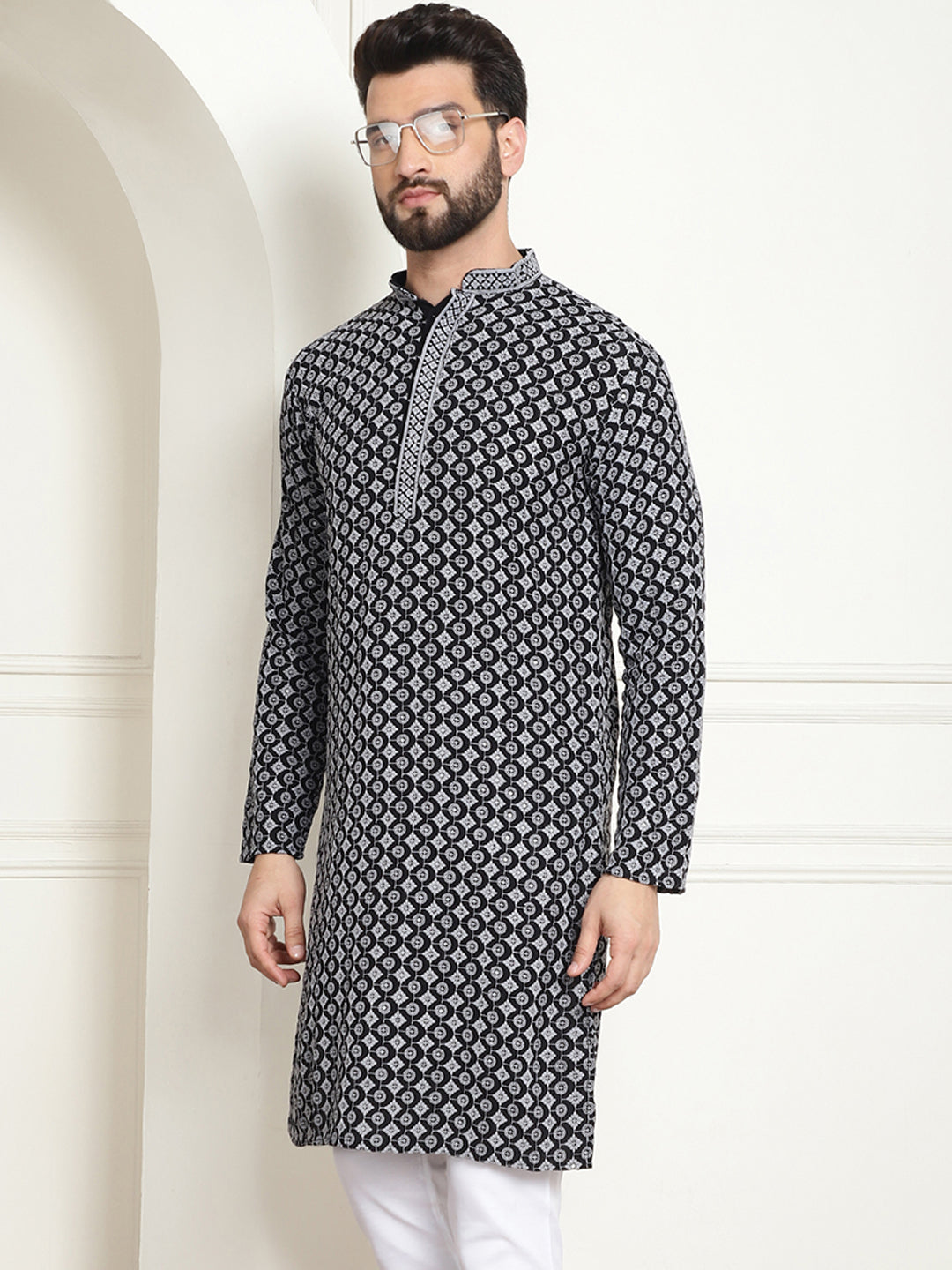 Men's Cotton Contrast Embroidered Sequinned Grey Long Kurta