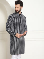 Men's Cotton Contrast Embroidered Sequinned Grey Long Kurta